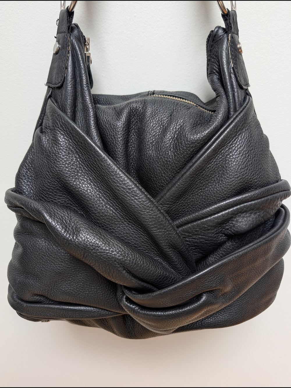 Danier Pebbled Leather Twist Front Hobo Shoulder Bag Black